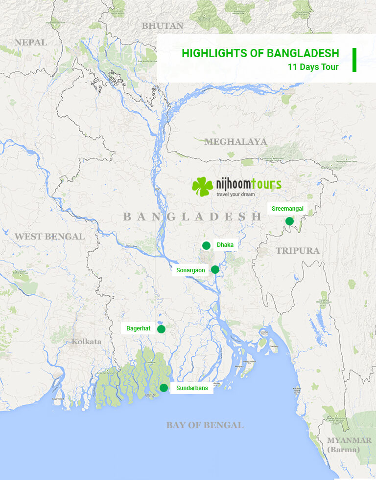 A map of 11 days Highlights of Bangladesh Tour with Nijhoom Tours to visit the highlighted sights and attractions you can't miss on your first visit