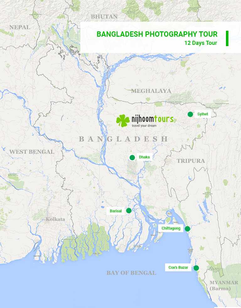 A map of the 12 days Bangladesh Photography Tour with Nijhoom Tours to capture life in some exclusive places and events with breathtaking photo opportunities